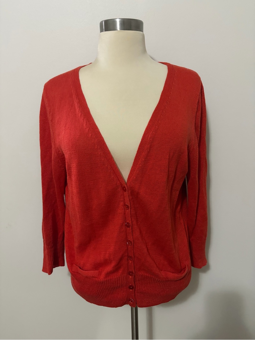 Eileen Fisher Coral Red V-Neck Button Cardigan 100% Linen Knit M Quiet Luxury